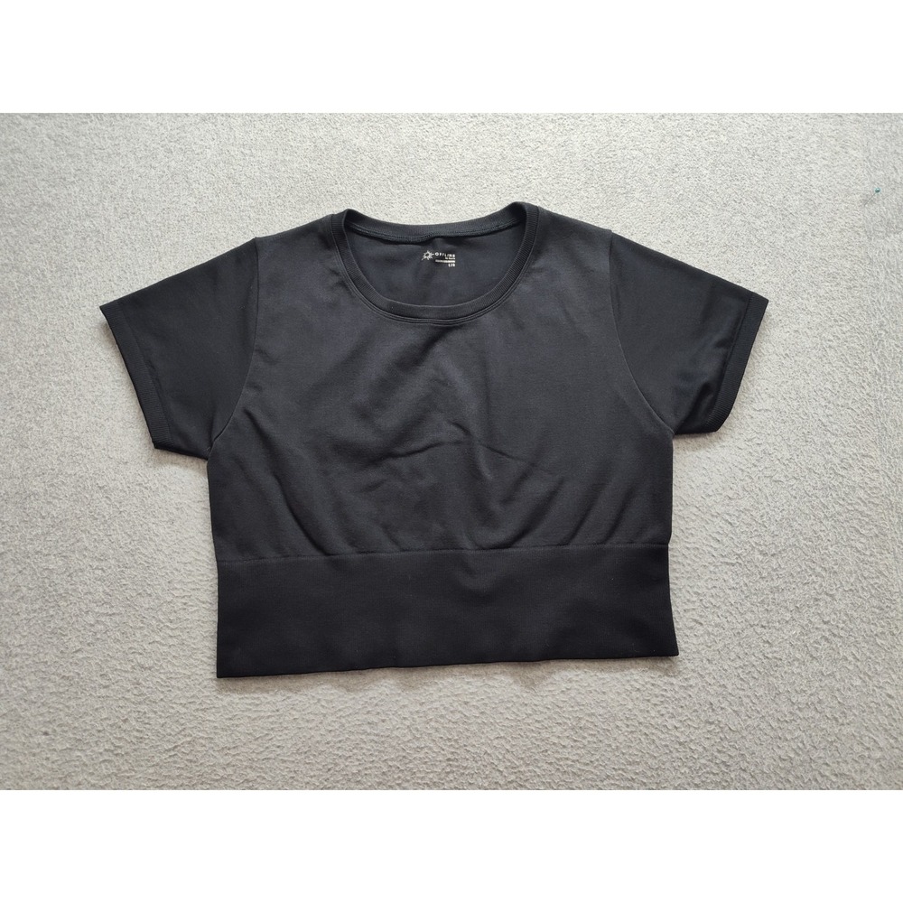 Aerie Women Athletic Top L Black Cropped Short Sleeve Round Neck Boxy Fit Yoga